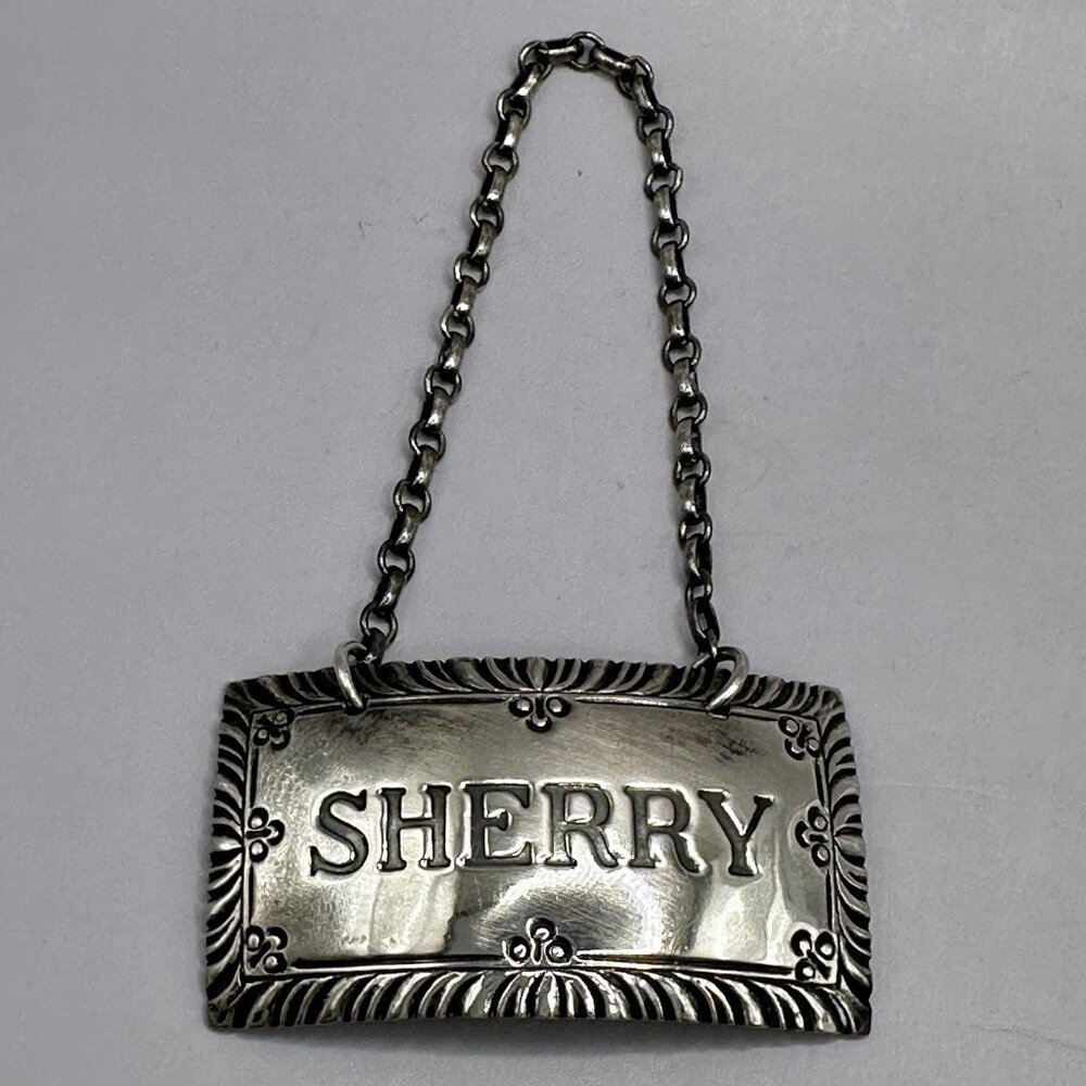 Stieff Williamsburg Restoration Sherry Decanter Label Sterling Silver Tag Bottle